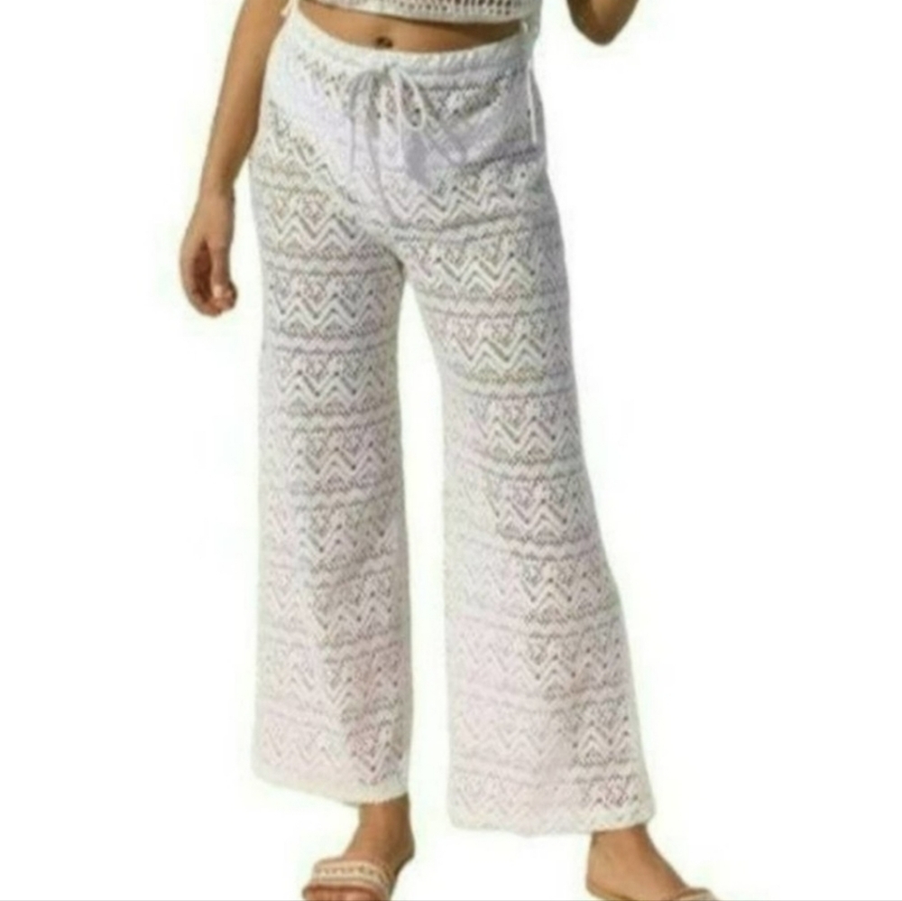 O'rageous Lace Sheer Wide Leg Swim Cover Up Pants White L